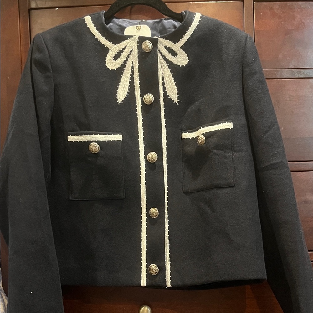 Elegant Navy Blue Women's holiday bow Jacket with White Trim